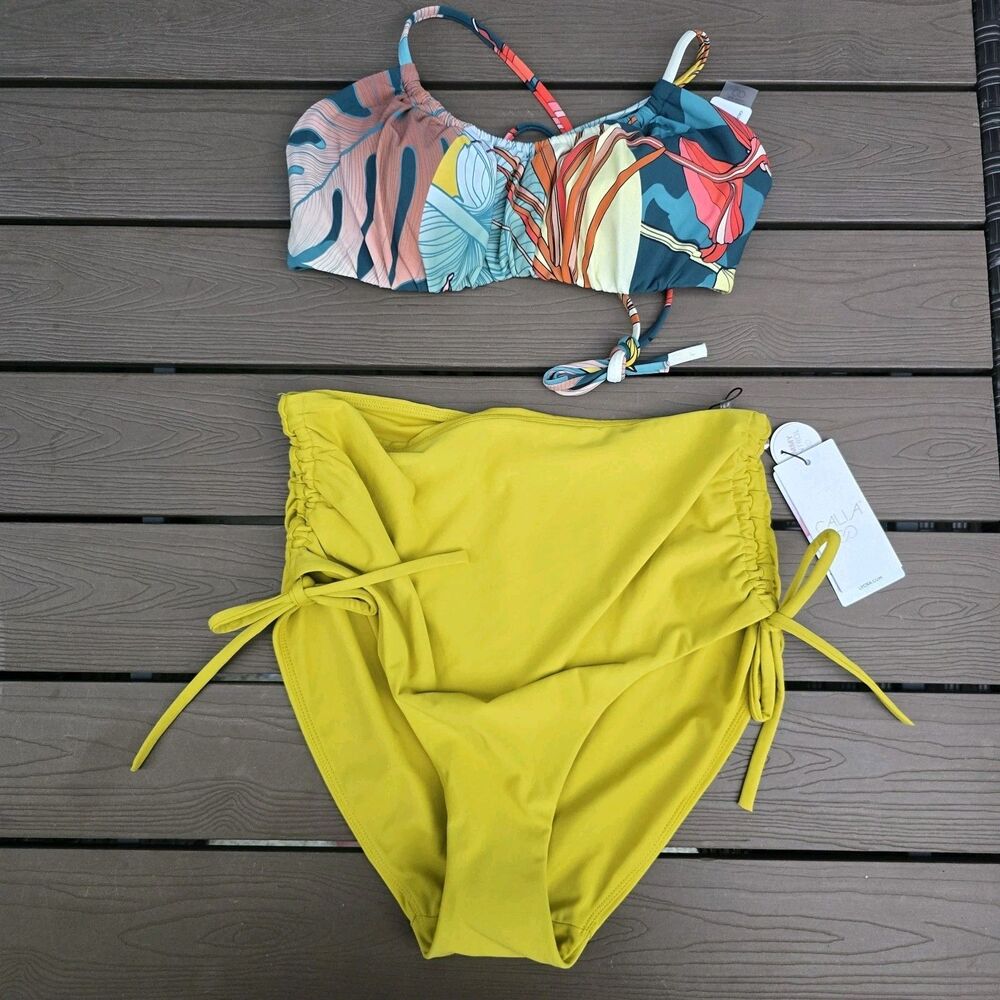 CALIA Women's Botanical Scrunched Tieback Top & Tie Bikini Sz S New No Tag